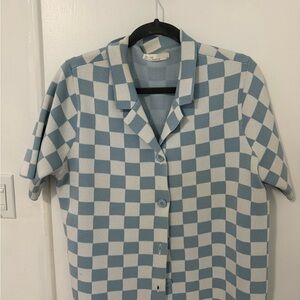 Oak + Fort Checkerboard Short Sleeve Button-Up Shirt - Light Blue & White